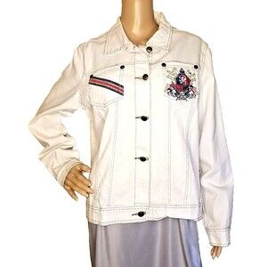 Diane Gilman Womens Denim White Jacket Coat Of Arms Large         T45